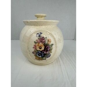 Vintage Granny Cottage Ceramic Cookie Jar Pansy Floral Bouquet Country Kitchen